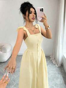 Nuevo vestido midi tejido bicolor con textura y tirantes anudados, elegante y versátil para uso en la oficina - amarillo ganso - Ver 6