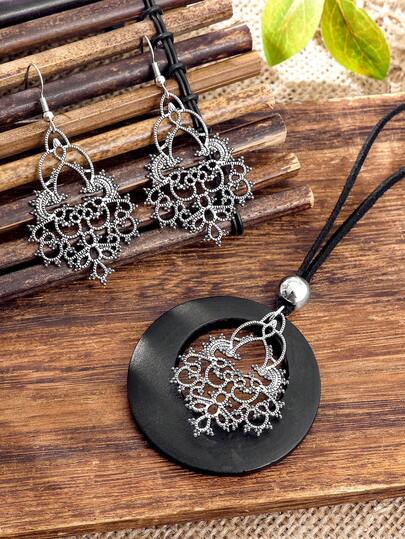 TopHanqi Conjunto de 3 piezas: Collar con colgante floral hueco vintage y pendientes, joyería bohemia para mujeres