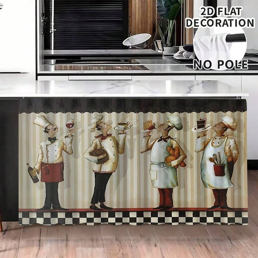 1 pieza, Decoración del hogar, Falda de mesa con estampado de chef, Cortina pequeña de cocina, Cortina de cubierta de gabinete de cocina, Con agujeros para cortina, Fácil de colgar, Rectangular, Tejido a máquina, Lavable a máquina, Decoración y accesorios de cocina, Perfecto para gabinetes de cocina y decoración del hogar - Multicolor - Ver 1