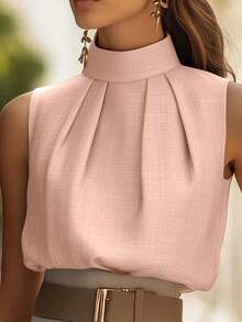 Top sin mangas de cuello alto con pliegues, top ajustado de diseño exclusivo y elegante para mujer, casual de verano - Rosa - Ver 2