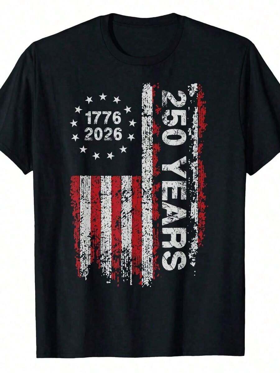 Camiseta Gráfica Patriótica para Hombre con Bandera Americana, 250 Años de EE. UU. (1776-2026), Estilo Y2k - Negro - Ver 1