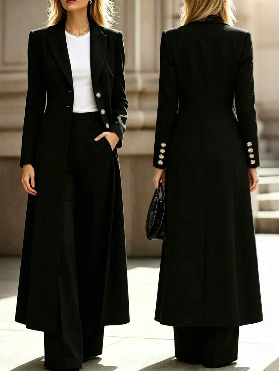 Setelan Panjang Wanita 2 Potong, Warna Polos, Kancing Depan, Trim Kontras, Pakaian Kantor - Hitam - View 1
