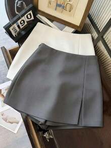 Pantalones cortos/falda/culotte/shorts de mujer de tela suave y texturizada de cintura alta con abertura, de uso versátil y casual, para primavera/otoño - Gris - Ver 3