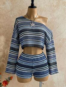 2 piezas Conjunto de top de manga larga con cuello asimétrico de unicolor y shorts de cintura elástica para mujer - Multicolor 10 - Ver 6