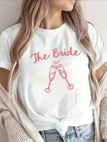Camiseta de manga corta, ligera y duradera, con un diseño de novia y copas de champán rosado, perfecta para bodas, atuendos nupciales femeninos y también una excelente opción para despedidas de soltera y eventos de recepción. Estilo básico universal. - Negro - Ver 7