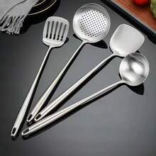 Bộ 4 dụng cụ nấu ăn bằng thép không gỉ, bao gồm muỗng xào cán dài, muỗng múc canh, muỗng lọc và muỗng dẹt, dùng cho nhà bếp gia đình. - Nhiều màu - Xem 10