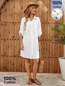 MEXFaunlyn Vestido de camisa de botones delanteros con mangas enrolladas a rayas para mujer para vacaciones y ocioMEX K4JV - Blanco - Ver 4