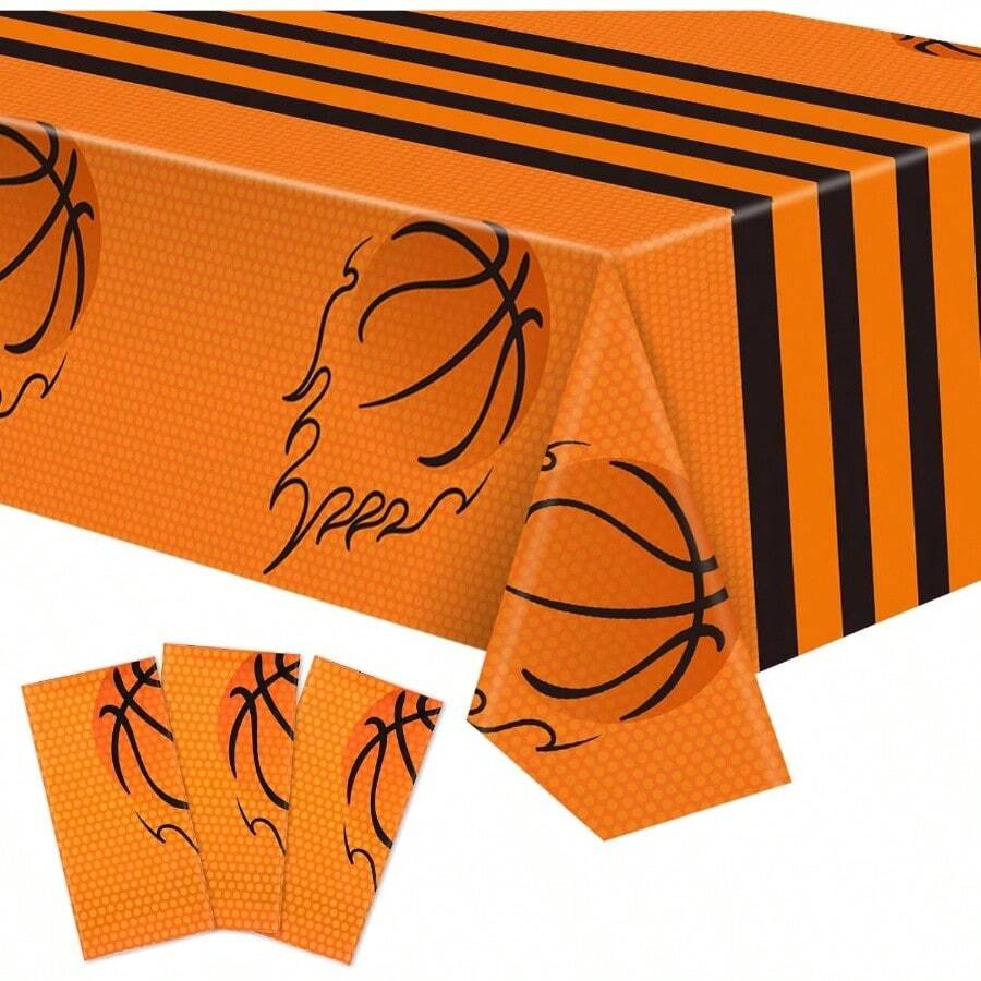 3 Pcs Plastic Basketball Tablecloths Basketball Party Decorations Table Cover Sports Pattern Party Supplies Sports Ball Themed Birthday Decor, 54x 108 Inches - Orange + Classic Basketball - View 1