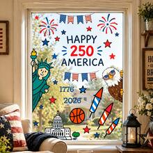 庆祝美国独立250周年窗贴 - 可爱的爱国主义自由女神像和雄鹰静电贴纸，1776-2026 美国7月4日窗贴 - 日主題窗貼 - 查看 1