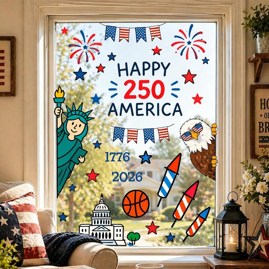 庆祝美国独立250周年窗贴 - 可爱的爱国主义自由女神像和雄鹰静电贴纸，1776-2026 美国7月4日窗贴 - 日主題窗貼 - 查看 1