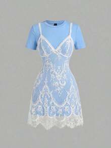 YHHSHEIN MOD Vestido mini de verano de moda con cuello redondo y manga corta, con parches de encajeYHH - Azul - Ver 3