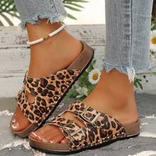 Thick Sole Retro Flat Sandals For Women, Casual Double Buckle Slip-On Summer New Versatile Slippers - Leopard Print - View 14