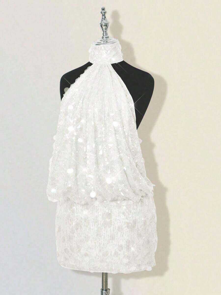 ICON High Neck Backless Mini Bodycon Dress,Club Outfits Women Sexy - Blanco - Ver 1