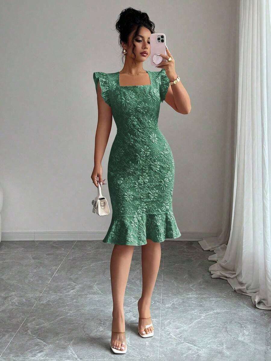Vestido elegante de jacquard para ir al trabajo, verano - Verde Oscuro - Ver 1