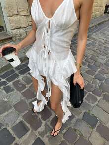 Top tirantes de Tencel blanco estilo americano, con volantes y lazos flotantes, diseño ajustable con cordón, estilo trendy verano - Blanco - Ver 3