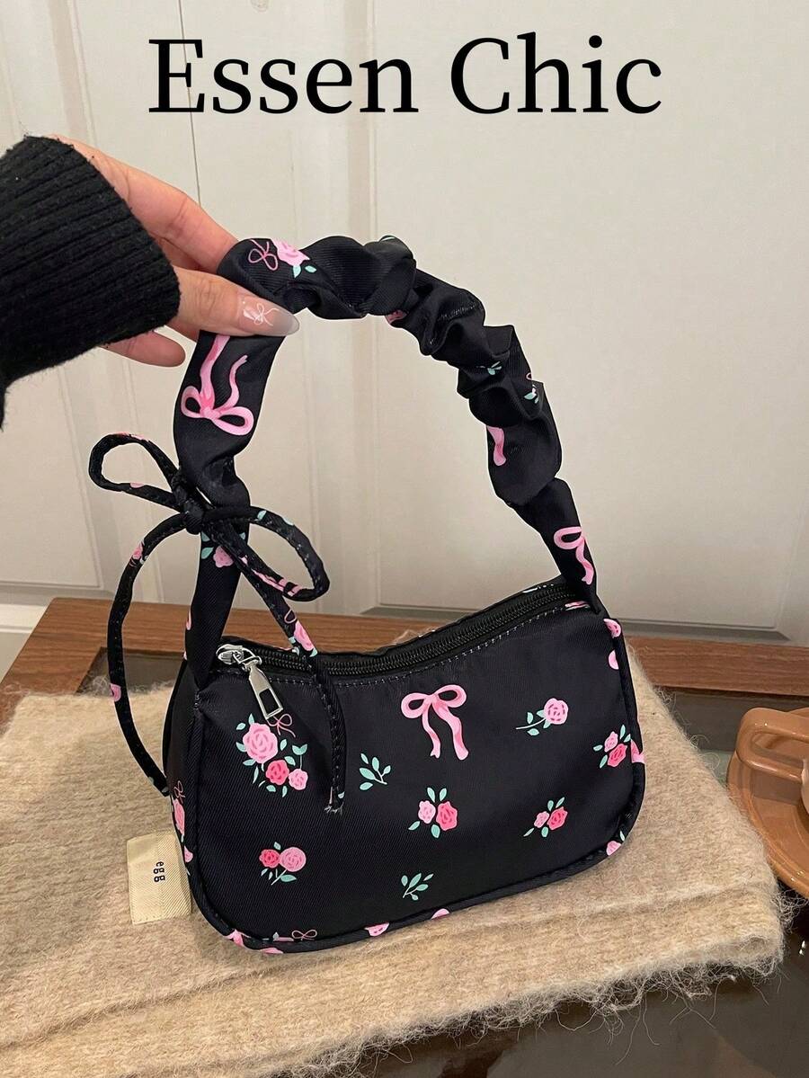 1个黑色蝴蝶结装饰尼龙法棍包,褶皱肩挎腋下包,女士款,春季新品 - 黑色 - 查看 1