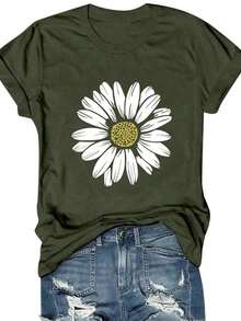 Camiseta cómoda de mujer con estampado de rayas y flores de margarita, cuello redondo, manga corta, minimalista y versátil para uso casual - Verde Oliva - Ver 5