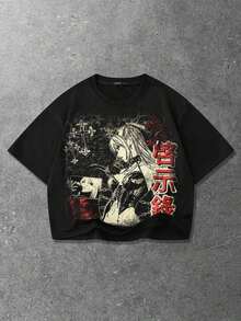 ROMWE MEN Anime Men's Short Style Drop Shoulder Print T-Shirt - 黑色 - 查看 6