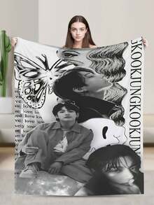 1pcs Soft Personalised Jung Merch Kook Flannel Thick Blanket, Suitable For Sofa, Bed, Living Room, Travel, Office, Shawl, Nap Blanket, Air Conditioning Blanket, Bed Sheet, Camping, Ideal Gift, Daily Gift - 黑色 - 查看 1