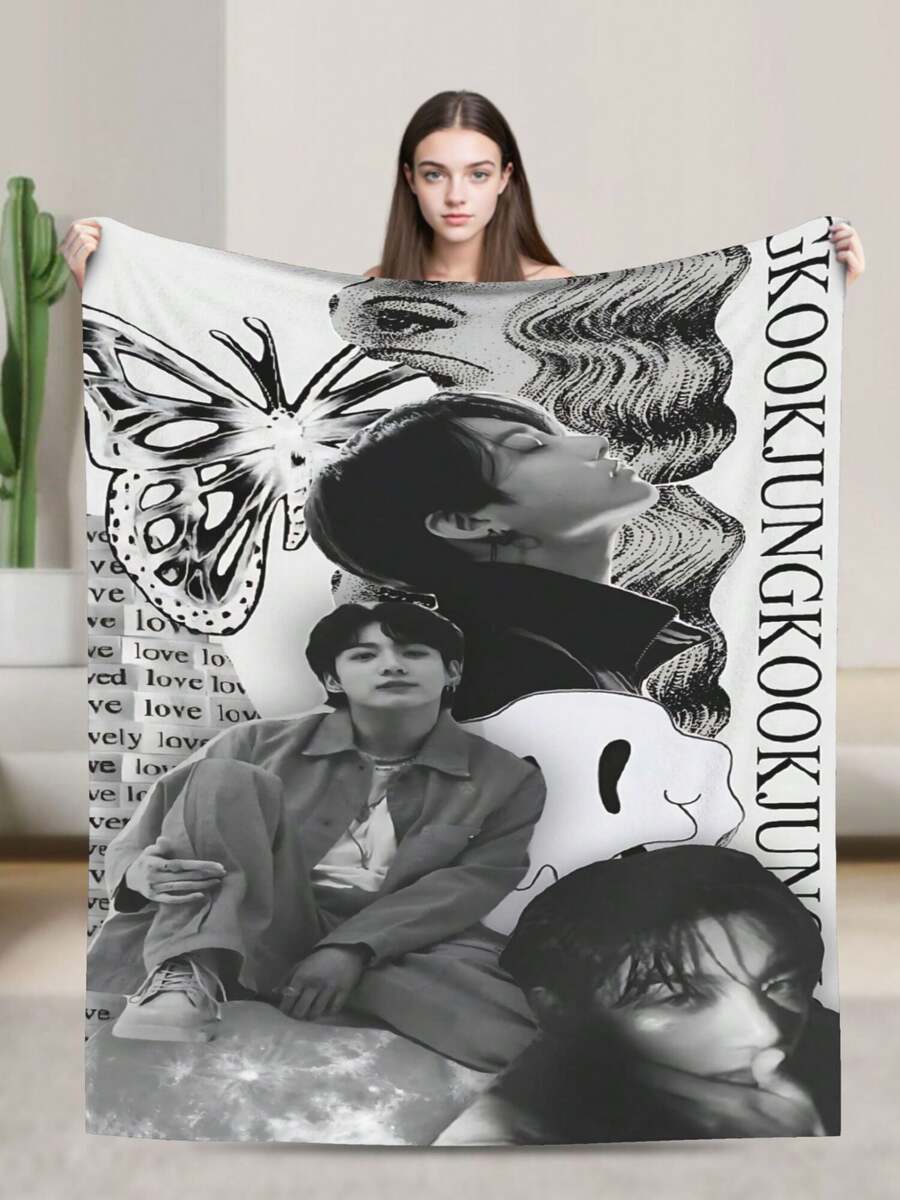 1pcs Soft Personalised Jung Merch Kook Flannel Thick Blanket, Suitable For Sofa, Bed, Living Room, Travel, Office, Shawl, Nap Blanket, Air Conditioning Blanket, Bed Sheet, Camping, Ideal Gift, Daily Gift - 黑色 - 查看 1