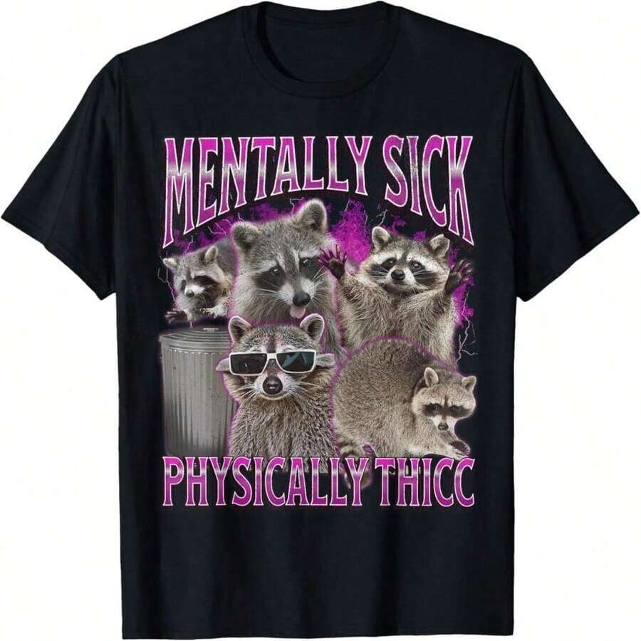 90s Graphic Tee With A Funny Raccoon Meme, "Physically Thicc" Style. - Grey - View 1