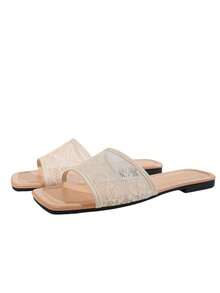 planare New Arrival Summer Fashion Elegant Lace Mesh Embroidered Flat Square Toe Apricot Slip-On Sandals, Suitable For Daily Commute, Dates, Vacations And Other Travel Outfits (Paired With Irregular Patterns) - Apricot - View 9