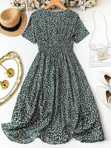 Vestido casual de mujer de manga corta con estampado, diseño aleatorio de vestido largo para mujer - Negro 2 - Ver 2