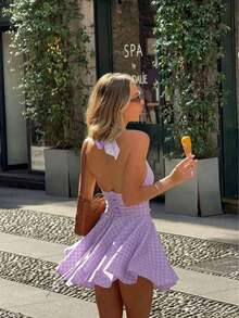 Vestido corto de verano casual y lindo con espalda descubierta y sin mangas, falda suelta y fluida.El área de la espalda descubierta tiene un diseño anudado, tela ligera y transparente con textura suave. - Púrpura malva - Ver 2