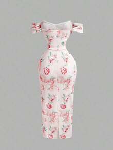 Vestido ajustado con hombros descubiertos y estampado floral rosa para mujer - Rosa - Ver 6