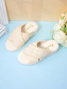 Girls' Beige Woven Wool Ball Thick Soled Slippers, Bohemian Style Cross With Sloping Heels, 2026 Summer New Item - Beige - View 3