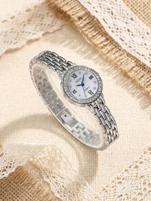 1pc Silver Diamond-Studded Watch, Roman Numeral Dial, Metal Band, Suitable For Daily And Party Wear - Silver - View 5