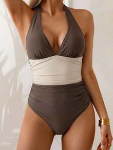 Traje de baño de una pieza con control de abdomen, estilo minimalista de unicolor, con escote halter y espalda descubierta, para vacaciones de verano en la playa - Multicolor - Ver 6