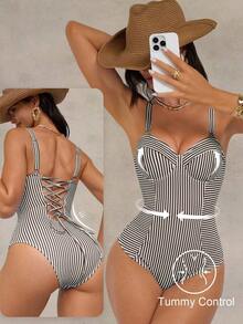 Traje de baño de una pieza con control de abdomen, con cordón, espalda descubierta, a rayas azul y blanco, con efecto push-up, para playa, resort y fiesta - Marrón Chocolate - Ver 3