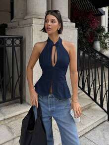 Top tipo halter ajustada con cuello de corbata y diseño calado para mujer, blusa sin mangas con abertura frontal - Azul - Ver 4