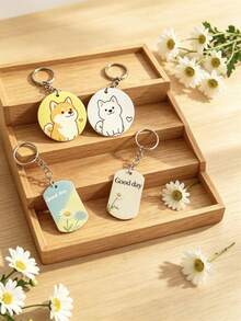 4pcs/Set Japanese Style Shiba Inu & Daisy Flower Keychain Gift Box, Kawaii Dog Daisy Pendant Keyring, Girlfriend Gift - Blue Gift Box - View 1