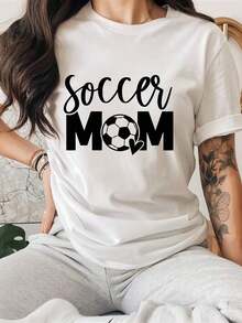 1 pieza Camiseta Casual de Primavera/Verano con Estampado de Letras MOM, Cuello Redondo, Manga Corta, Camiseta Deportiva para Mujer, 180g 100% Algodón - Blanco - Ver 1
