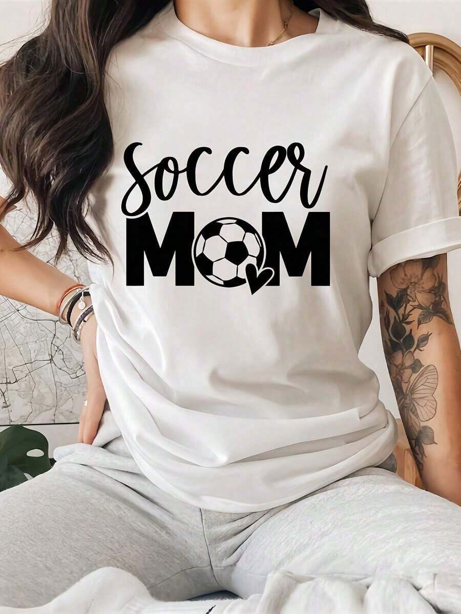1 pieza Camiseta Casual de Primavera/Verano con Estampado de Letras MOM, Cuello Redondo, Manga Corta, Camiseta Deportiva para Mujer, 180g 100% Algodón - Blanco - Ver 1
