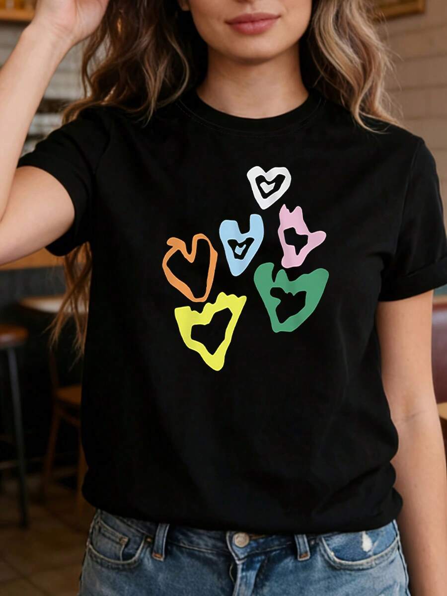 Camiseta de algodón puro con estampado de líneas irregulares y corazón hueco para mujer, adecuada para primavera y verano. Ideal para el uso diario, reuniones con amigos, socializar y conjuntos suaves. De manga corta, perfecta para crear un look casual y elegante para salidas cotidianas. - Negro - Ver 1