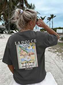 New Women's Summer T-Shirt, Casual, Colorful, With Letter And Oil Painting Print, Round Neck, Short Sleeve, Pink, Versatile And Fashionable, Suitable For Women's Tops, Leisure On Holidays And Spring Break, Black - 深灰色 - 查看 6
