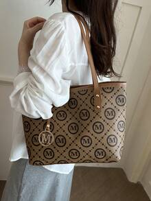 Fashion Letter Print Large Capacity Tote Bag, Zipper Closure, Lightweight Minimalist Style, Shoulder Bag With Metal Hardware - Brown - View 3