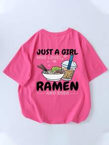 This Fuchsia Casual Round Neck T-Shirt Is Designed For Girls, Featuring A Creative Ramen Letter Graphic, Making It A Perfect Choice For Every Little Girl's Wardrobe. - Hot Pink - View 5