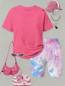 2pcs Set For Girls, Big Kids And Teens, Short Sleeve T-Shirt And Gradient Base Shorts Combination, Gradient Text Print Short Sleeve T-Shirt And Gradient Base Shorts - Casual Loose Daily Wear - Multicolor - View 3