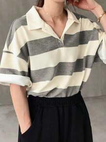 Camiseta holgada a rayas para mujer, cuello polo, manga corta, ropa casual de verano, ropa para la vuelta al cole. - Gris - Ver 5