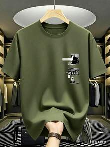 Camiseta Casual de Manga Curta com Gola Redonda e Estampa Gráfica Simples, Plus Size para Homens, Fácil de Combinar, Ótimo Presente para Amigos - Verde Militar - Visão 1