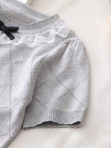3D Floral Trim Short Sleeve Casual Knit Top, Summer Knit Pullover Sweater, Versatile Daily Wear For Young Girls - Grey - View 5