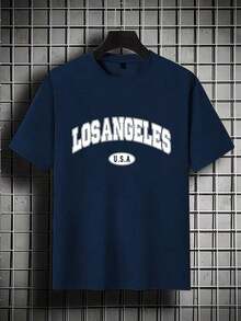 Men's 100% Cotton Crew Neck T-Shirt, Casual Short Sleeve T-Shirt With "LOS ANGELES U.S.A." Letter Print, Slim Fit In Black, Breathable Fabric For Everyday Use, American Vintage Style. - 藍色 - 查看 2