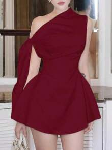 Vestido corto de verano de color claro, minimalista, sin mangas y con lazo en los hombros, de unicolor y elegante para mujer - Burdeos - Ver 6