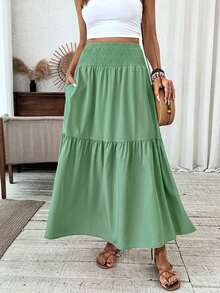Women's Long Ditsy Floral Skirt, Casual Elastic Waist With Pockets, Ruffle Hem, A-Line Skirt For Summer Spring - Sage Green - View 6