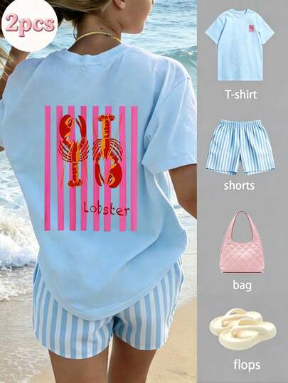 2pcs Tween Girl Summer Outfit - Short Sleeve T-Shirt Paired With Striped Shorts, Fashionable/Y2K/Streetwear Style, Artistic Vibe Top And Shorts Set