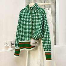 Áo khoác cardigan dệt kim họa tiết răng cưa màu xanh lá cây dành cho nữ, có khóa kéo và cổ đứng, tay dài, độ co giãn vừa phải, chiều dài tiêu chuẩn, thích hợp cho mùa thu/đông. - màu xanh lá - Xem 2